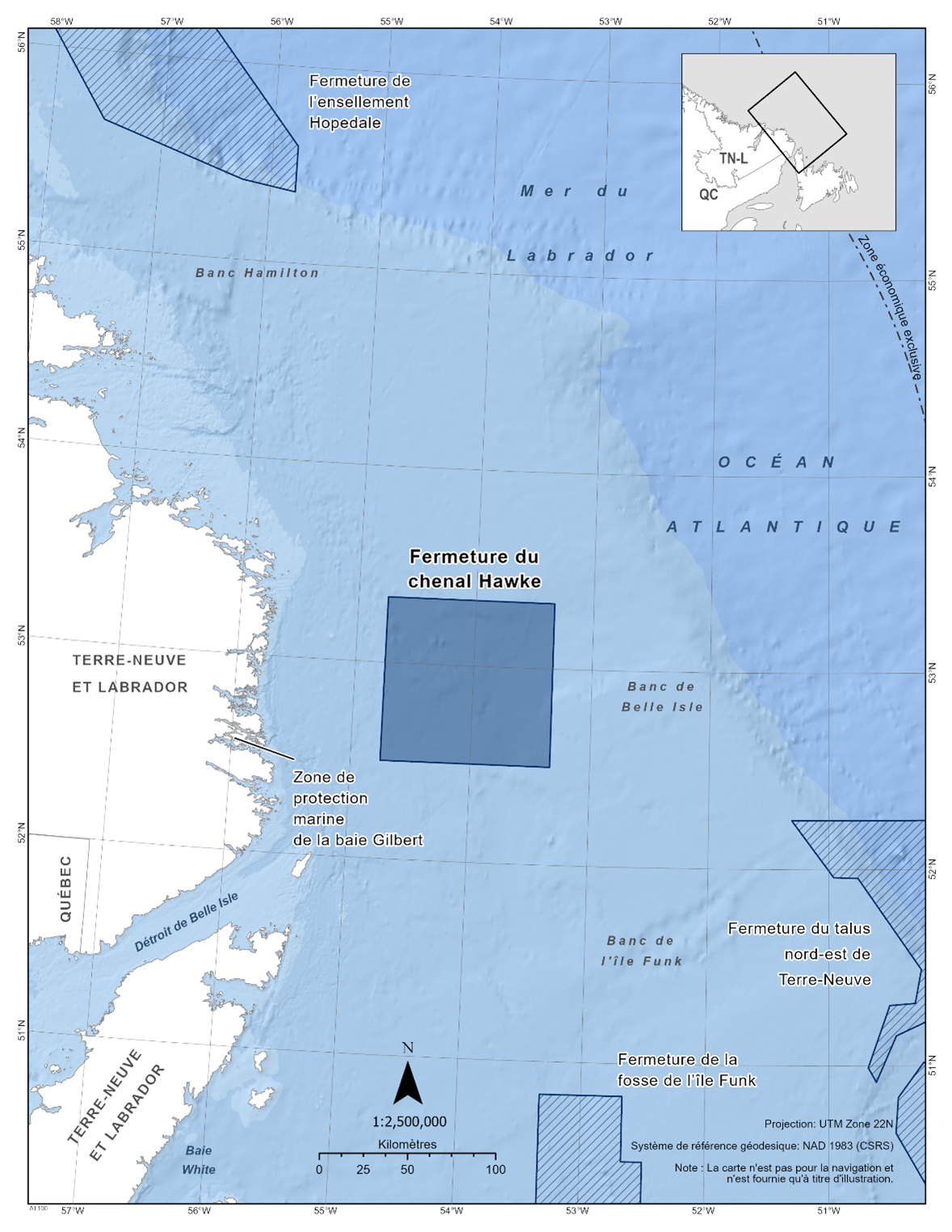 Carte de la fermeture du chenal Hawke en bleu foncé. La carte inclut également les autres refuges marins situés à proximité avec des lignes diagonales bleu foncé (fermeture de l’ensellement Hopedale, fermeture de la fosse de l’île Funk, fermeture du talus nord-est de Terre-Neuve). 