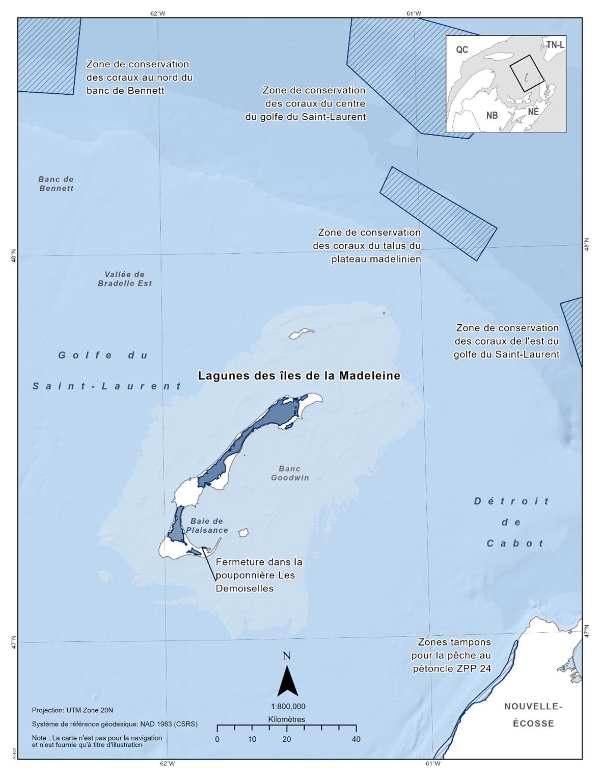 Carte des lagunes des Îles-de-la-Madeleine en bleu foncé. La carte présente également les refuges marins situés à proximité par des lignes diagonales bleu foncé (zone de conservation des coraux du nord du banc Bennett, zone de conservation des coraux du centre du golfe du Saint-Laurent, zone de conservation des coraux de la pente des hauts-fonds de la Madeleine, zone de conservation des coraux de l'est du golfe du Saint-Laurent, zone tampon pour le pétoncle ZPP 24, pouponnière Les Demoiselles).