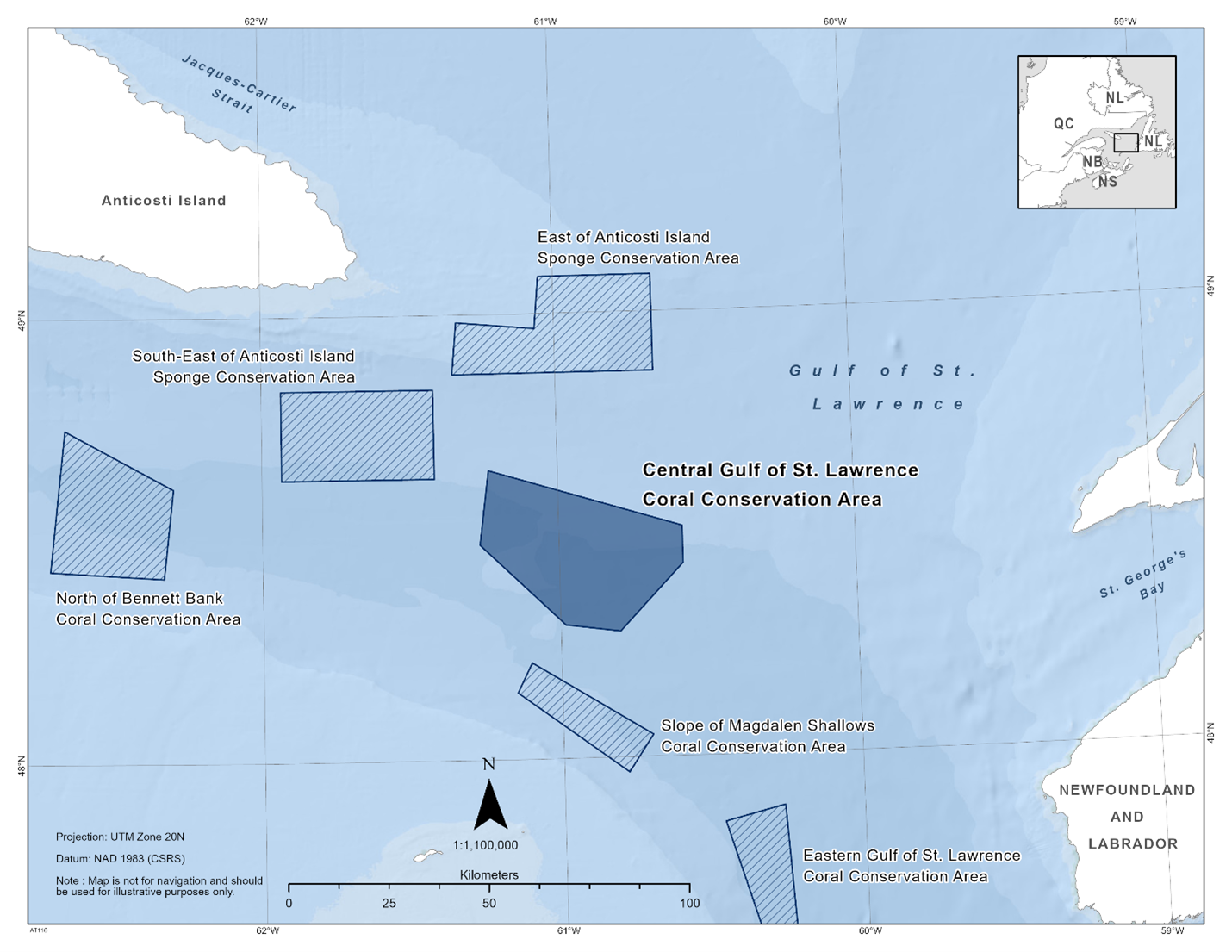 Map of the Central Gulf of St. Lawrence Coral Conservation Area in dark blue. The map also features the other marine refuges nearby with dark blue diagonal lines across (East of Anticosti Island Sponge Conservation Area, South-East of Anticosti Island Sponge Conservation Area, North of Bennett Bank Coral Conservation Area, Slope of Magdalen Shallows Coral Conservation Area, and the Eastern Gulf of St. Lawrence Coral Conservation Area).