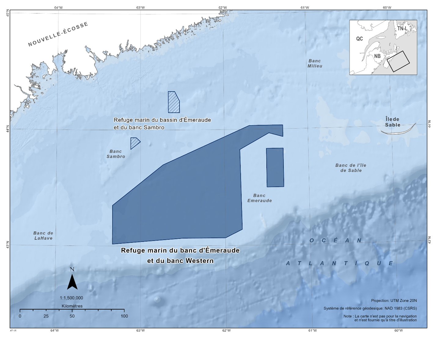 Carte du refuge marine du banc d’Émeraude et du banc Western en bleu foncé. La carte présente également d'autres refuges marins situés à proximité avec des lignes diagonales bleu foncé (le refuge marin des éponges du bassin d'Émeraude et du banc Sambro). 
