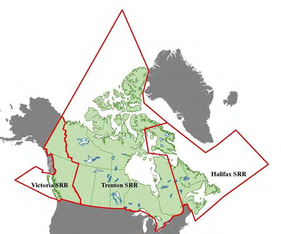 Map of Canada with Canadian Search and Rescue Regions (SRR) highlighted