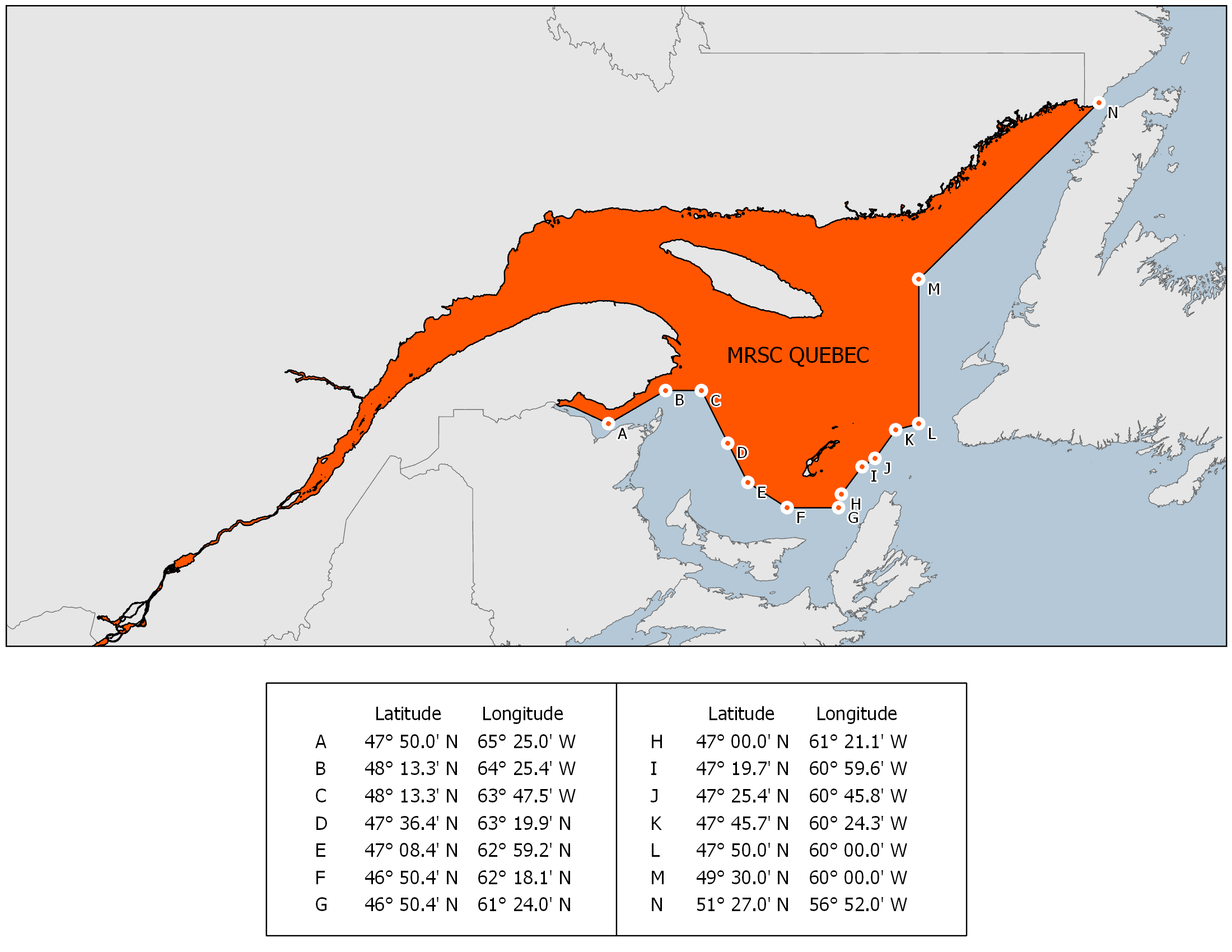 Carte de la sous-région de recherche et de sauvetage du MRSC Québec
