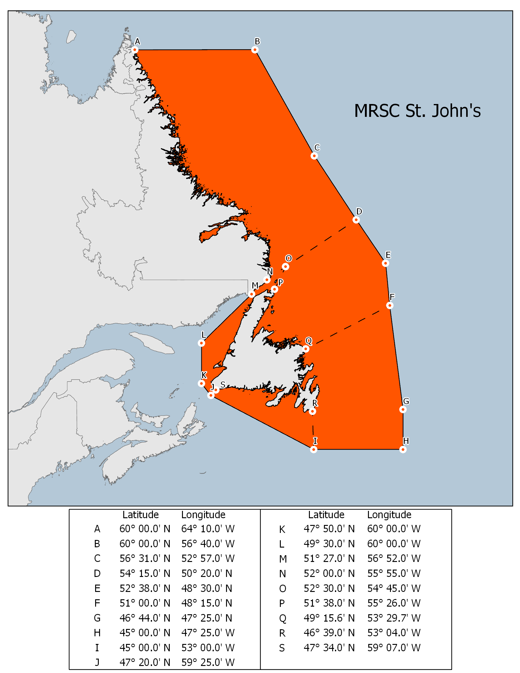 Map outlining MRSC St. John's search and rescue sub-region