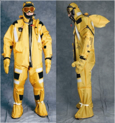 Submarine Surface Abandonment suit front view and left side view