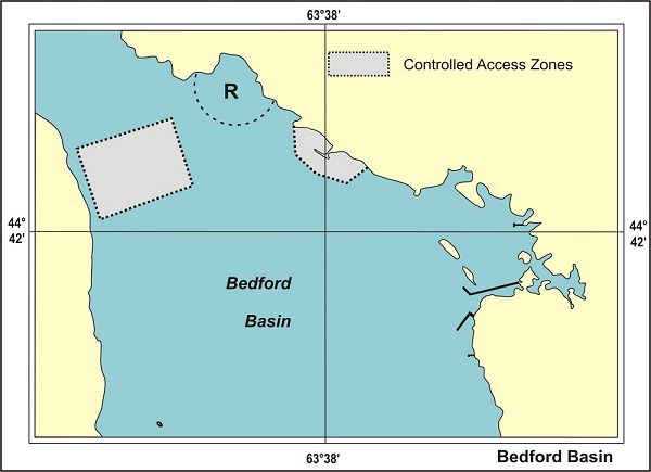 A maritime chart showing the boundaries of controlled access zones within Bedford Basin